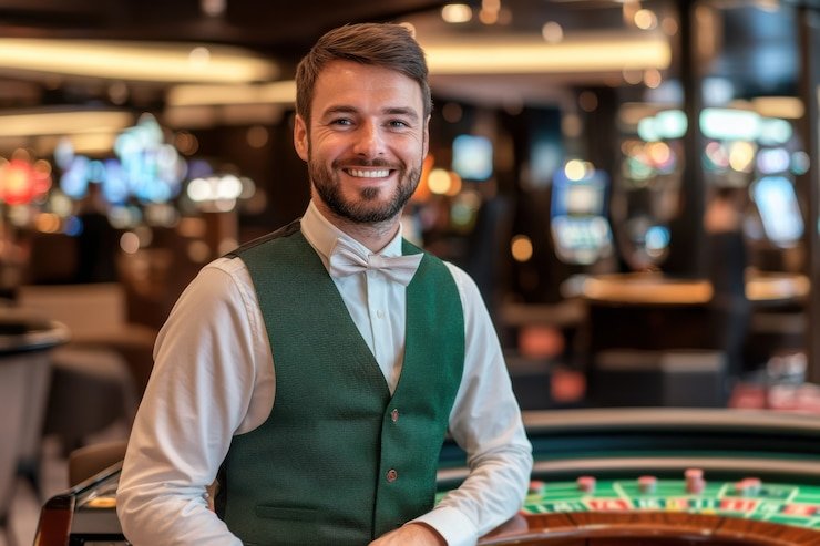 Antarmuka blackjack erek 17 menampilkan tombol Hit, Stand, Double Down, Split dan saldo pemain